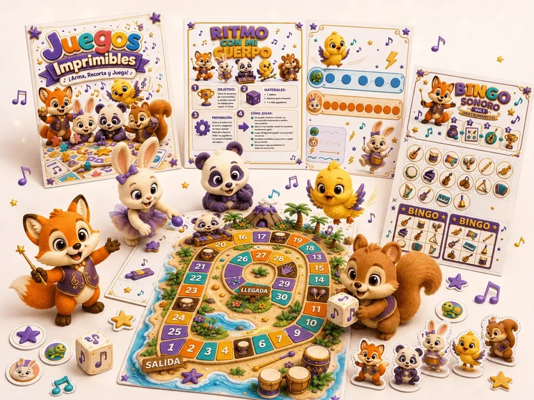 Juegos musicales imprimibles con tableros, tarjetas y piezas