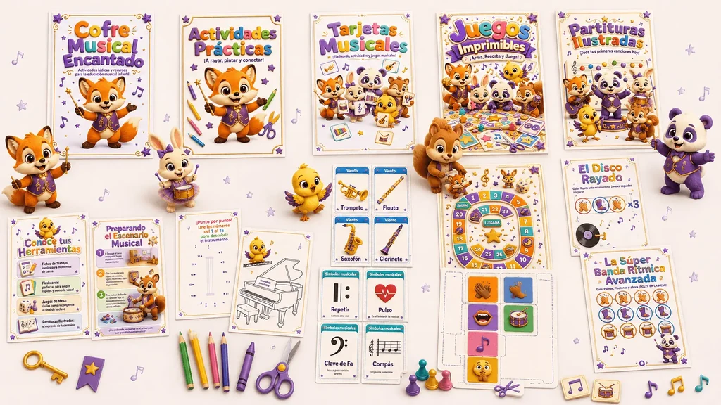 Actividades, tarjetas, juegos y partituras incluidos en el Cofre Musical Encantado